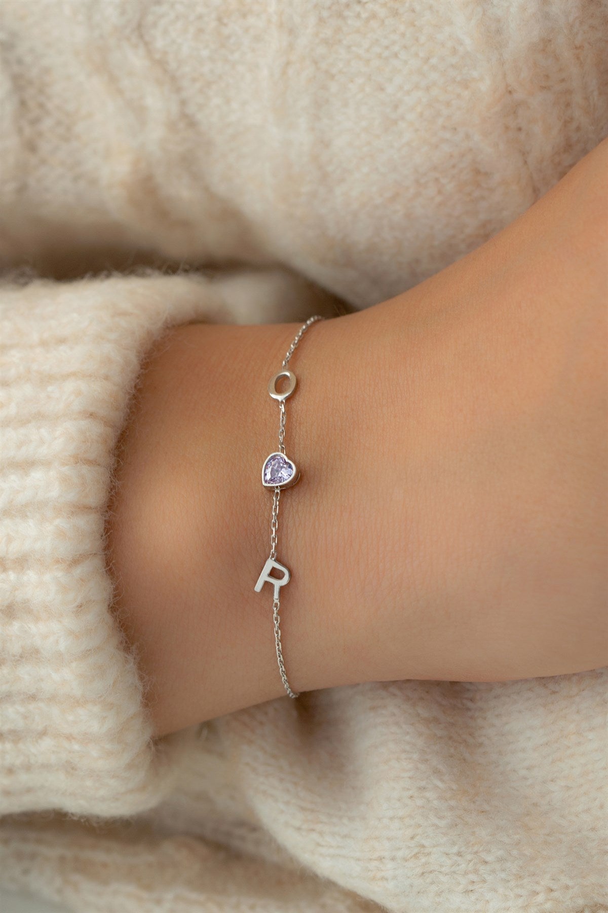 Silver Heart Gemstone Initial Bracelet