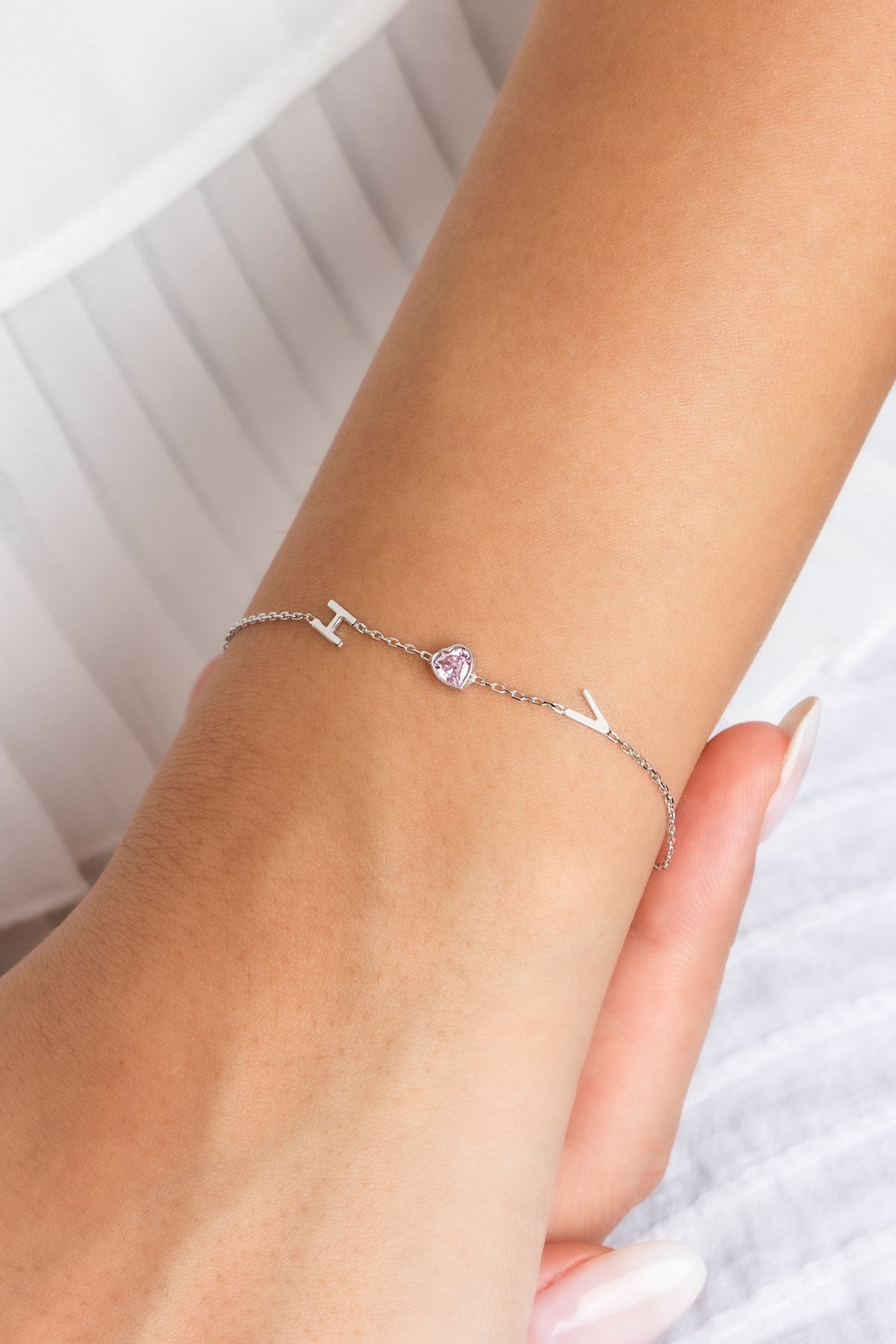 Silver Heart Gemstone Initial Bracelet