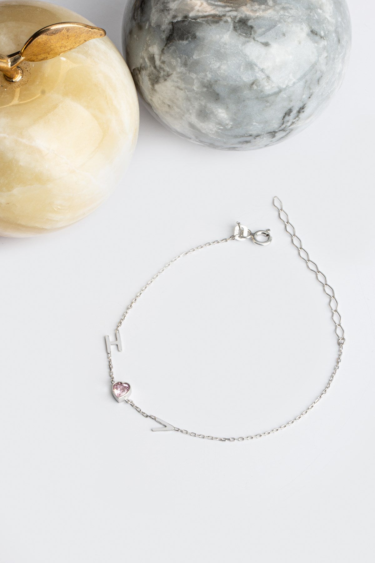 Silver Heart Gemstone Initial Bracelet