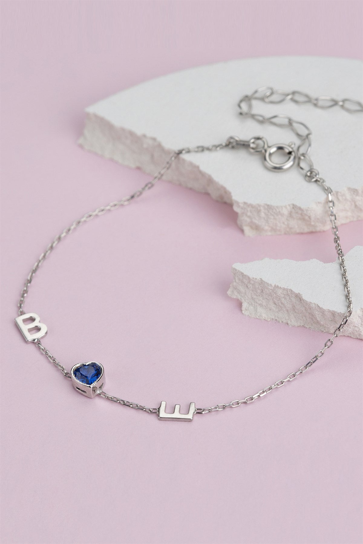 Silver Heart Gemstone Initial Bracelet