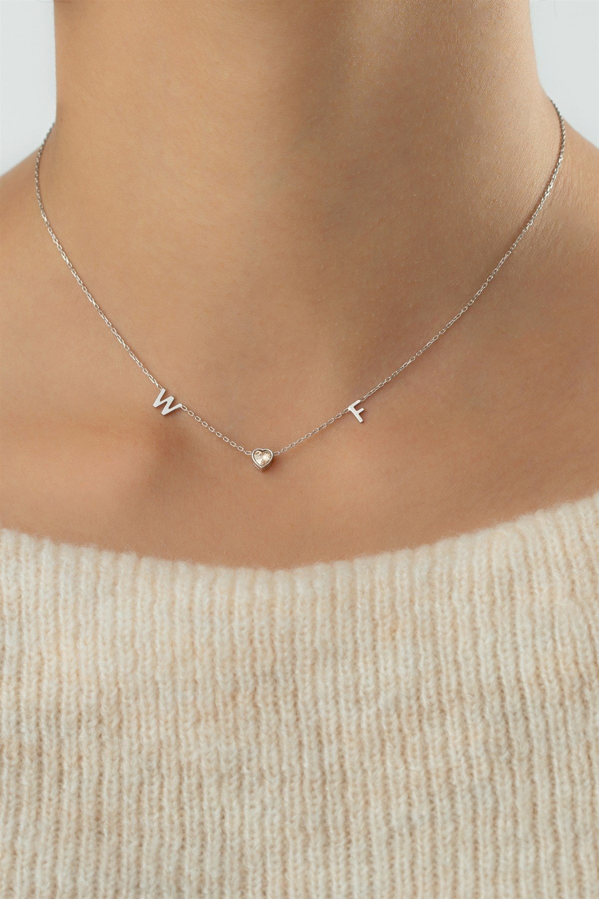 Silver Heart Birthstone Double Initial Necklace