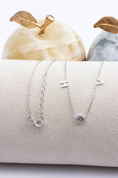 Silver Heart Birthstone Double Initial Necklace