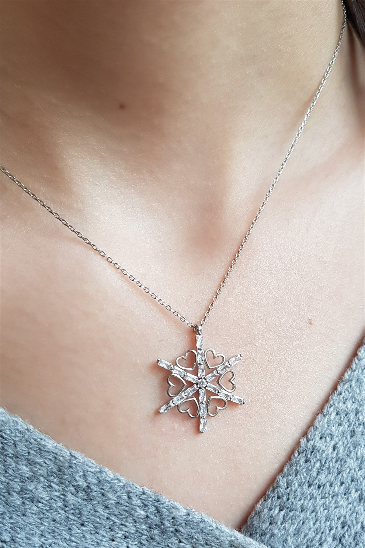 Silver Heart Baguette Gemstone Snowflake Necklace