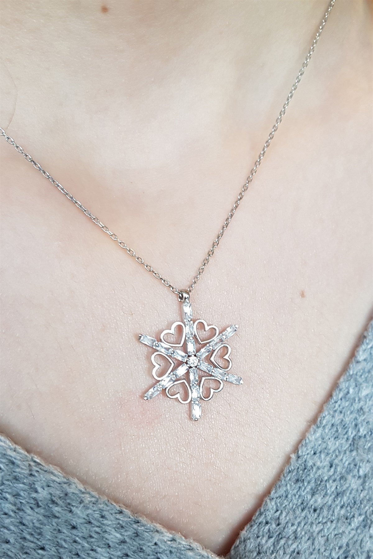 Silver Heart Baguette Gemstone Snowflake Necklace
