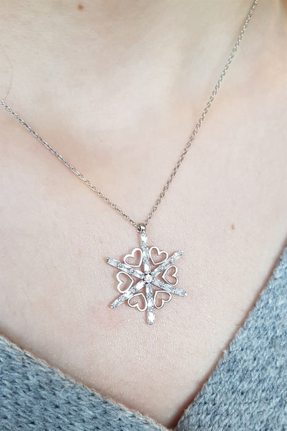 Silver Heart Baguette Gemstone Snowflake Necklace