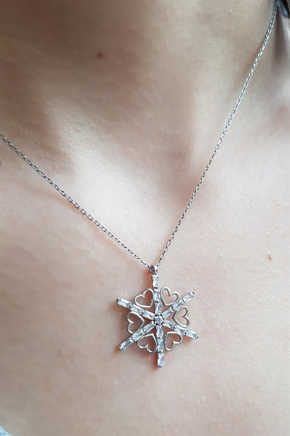 Silver Heart Baguette Gemstone Snowflake Necklace