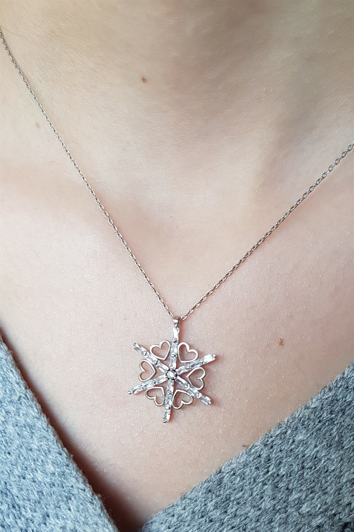 Silver Heart Baguette Gemstone Snowflake Necklace