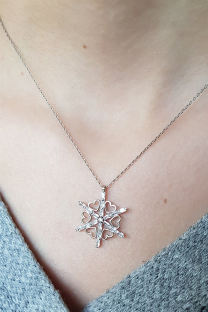 Silver Heart Baguette Gemstone Snowflake Necklace