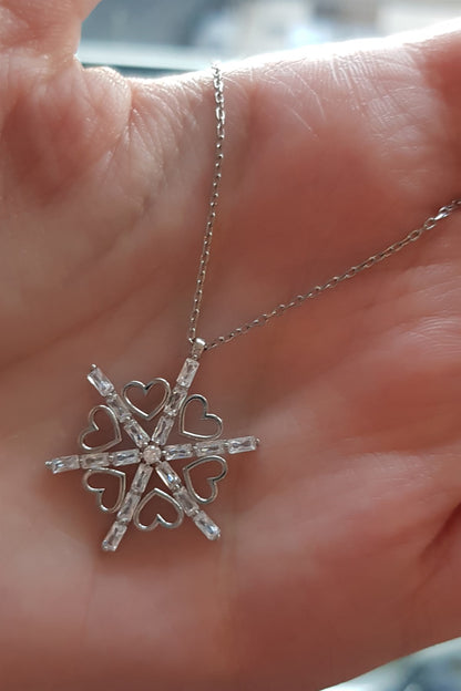 Silver Heart Baguette Gemstone Snowflake Necklace