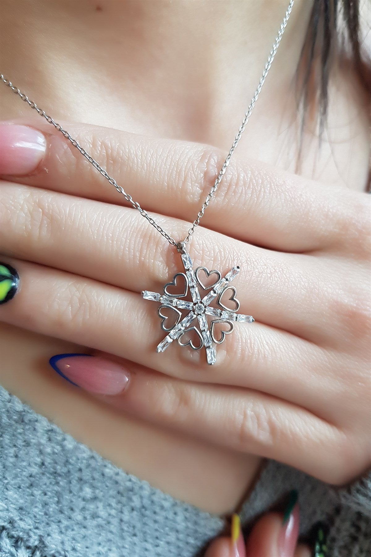 Silver Heart Baguette Gemstone Snowflake Necklace
