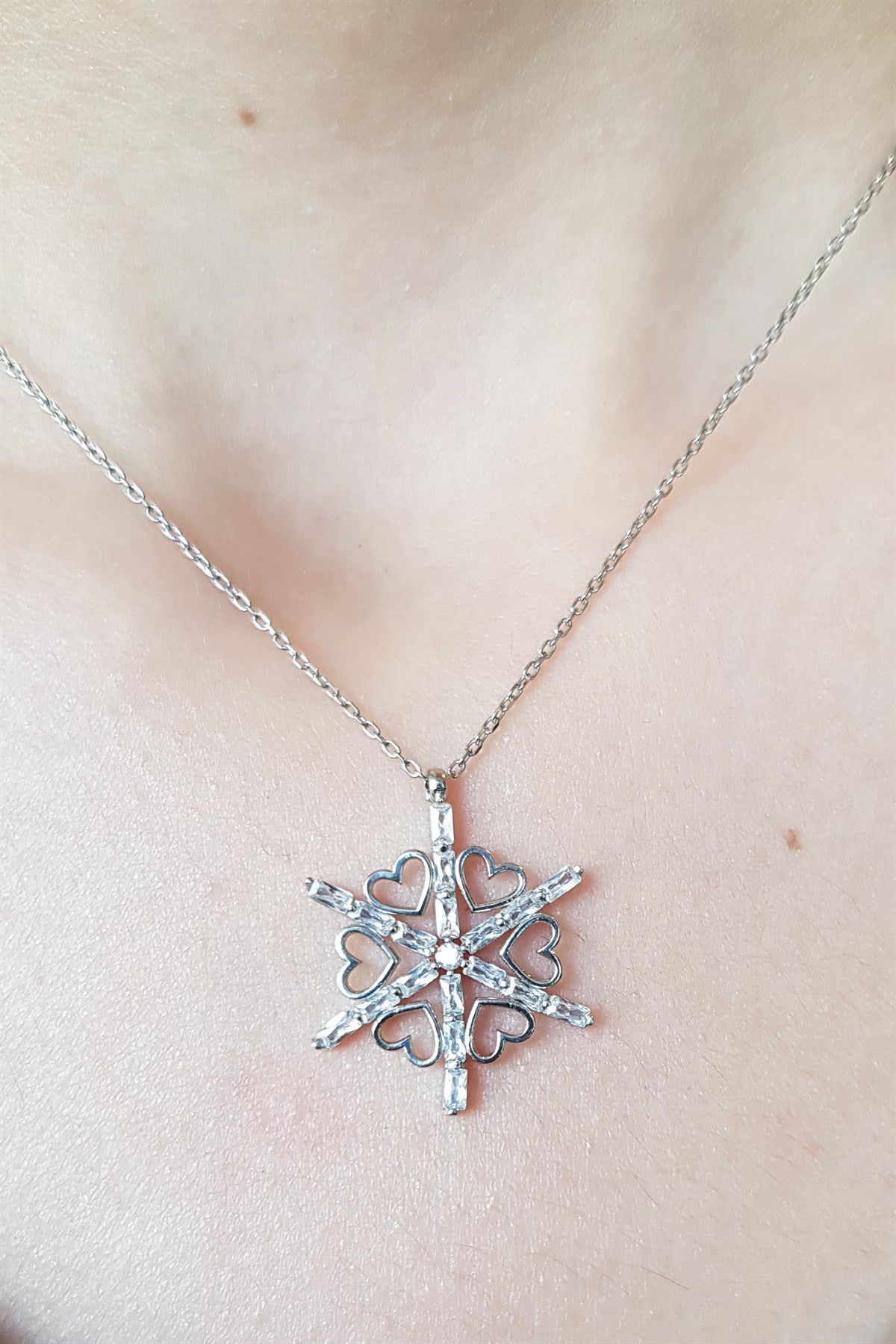 Silver Heart Baguette Gemstone Snowflake Necklace