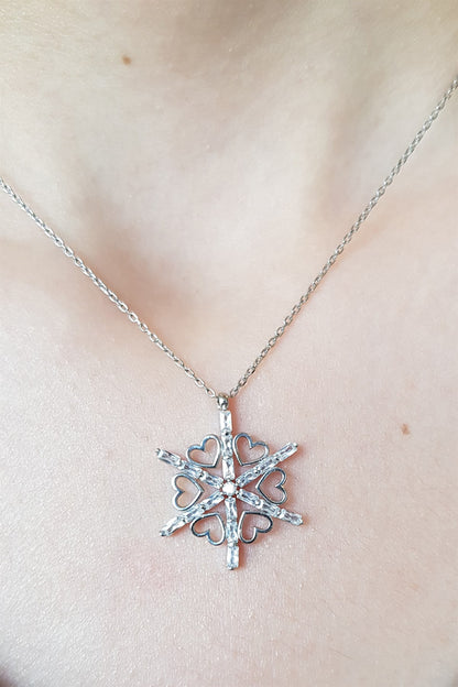 Silver Heart Baguette Gemstone Snowflake Necklace