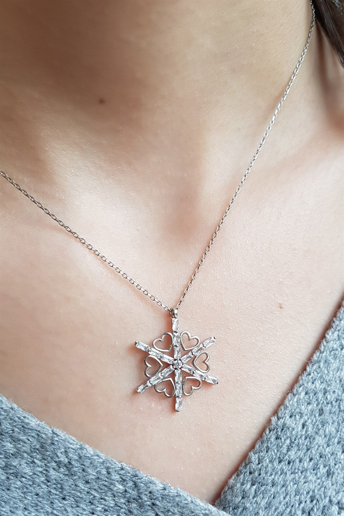 Silver Heart Baguette Gemstone Snowflake Necklace