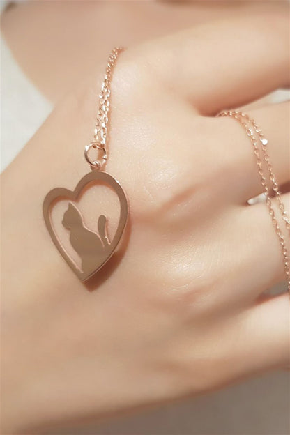 Silver Heart Cat Necklace