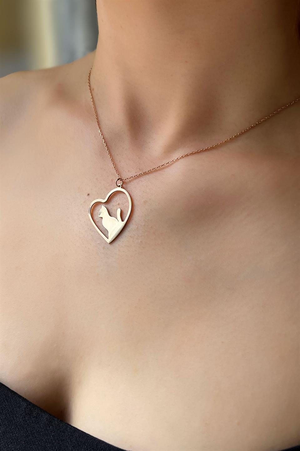 Silver Heart Cat Necklace