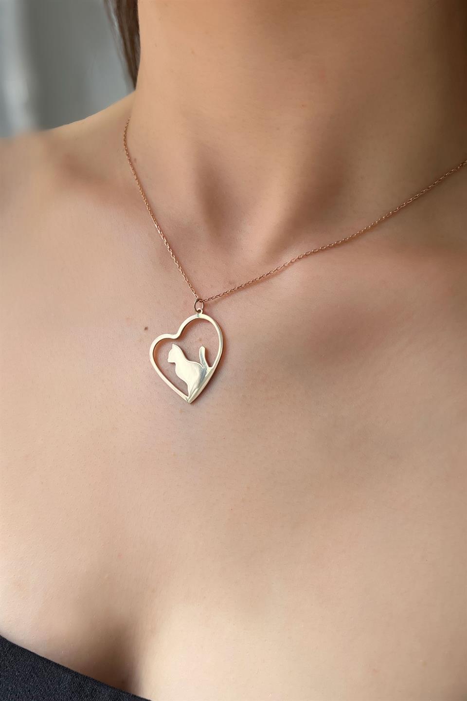 Silver Heart Cat Necklace