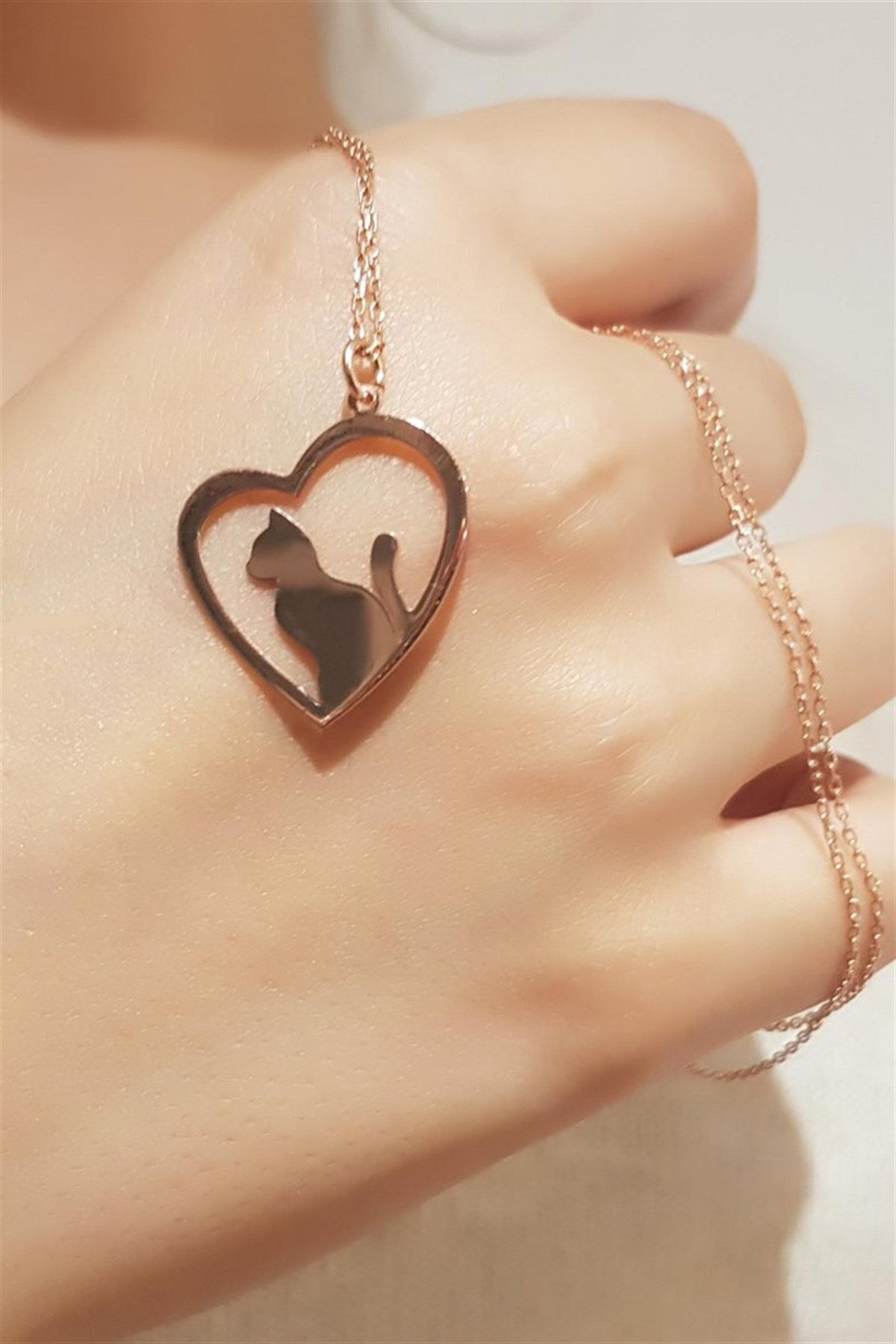 Silver Heart Cat Necklace