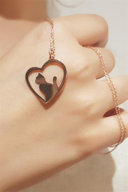 Silver Heart Cat Necklace