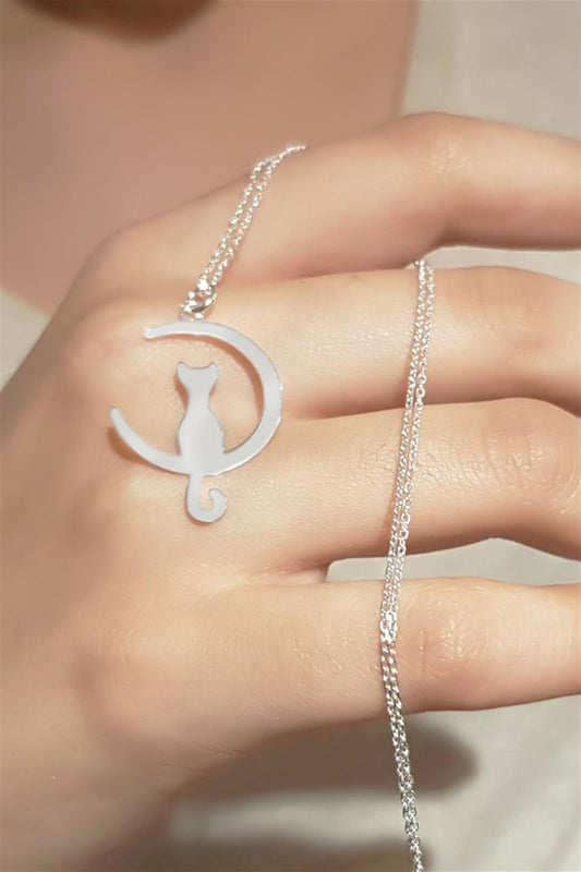 Silver Cat Moon Necklace