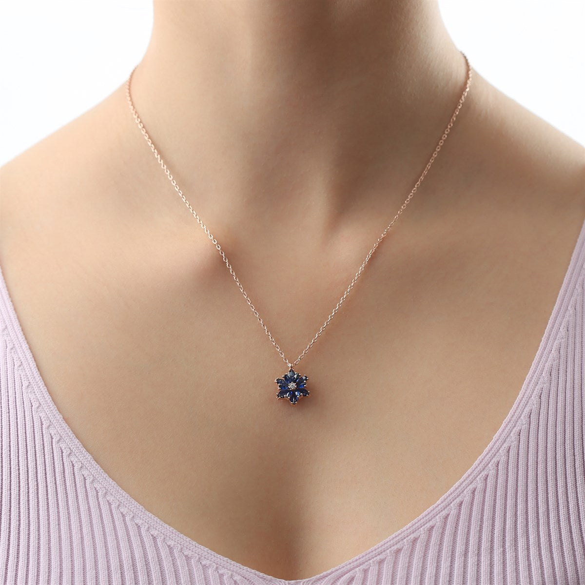 Silver Navy Blue Gemstone Lotus Flower Necklace Ring Mini Set