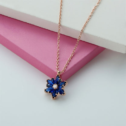 Silver Navy Blue Gemstone Lotus Flower Necklace Ring Mini Set