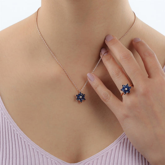 Silver Navy Blue Gemstone Lotus Flower Necklace Ring Mini Set
