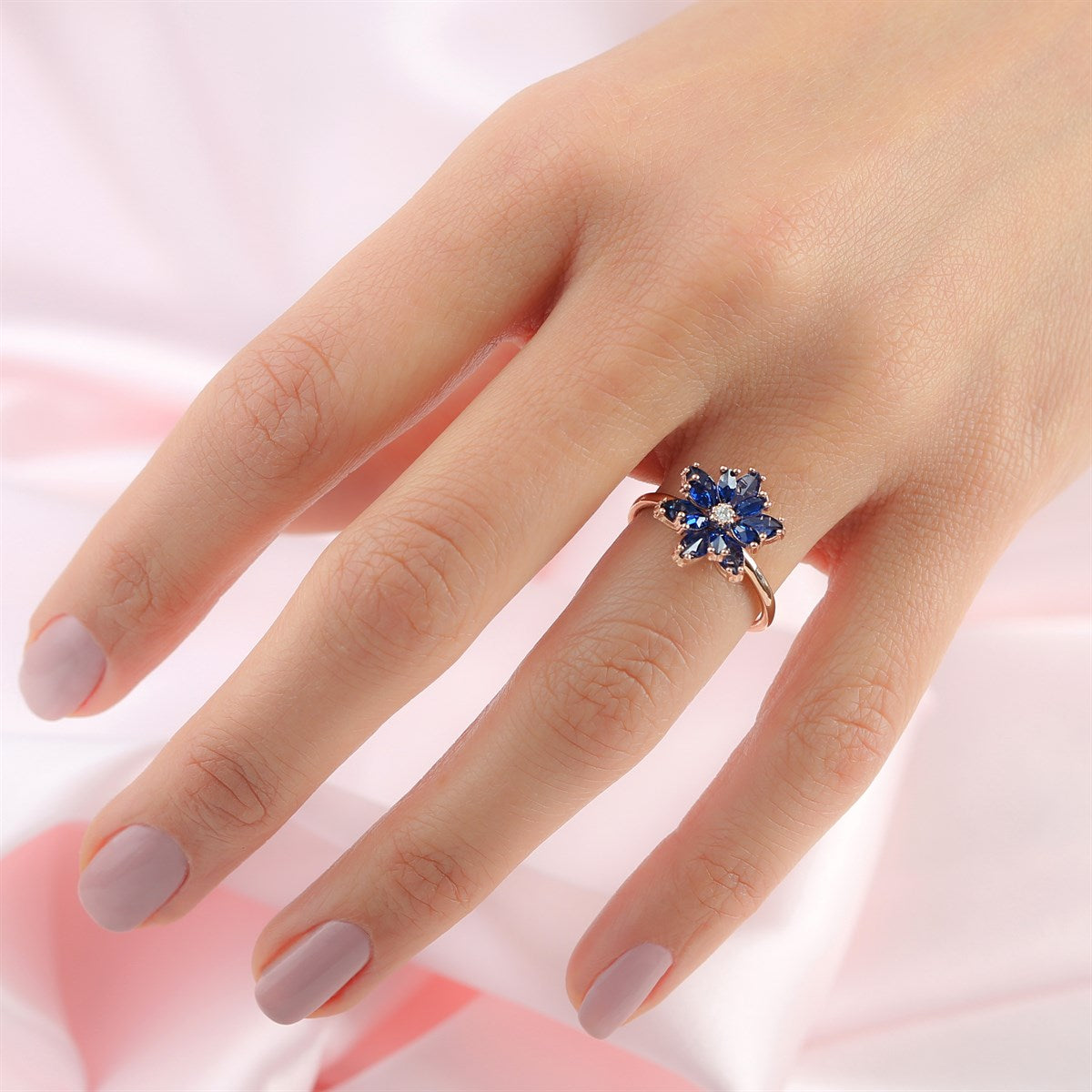 Silver Navy Blue Gemstone Lotus Flower Necklace Ring Mini Set