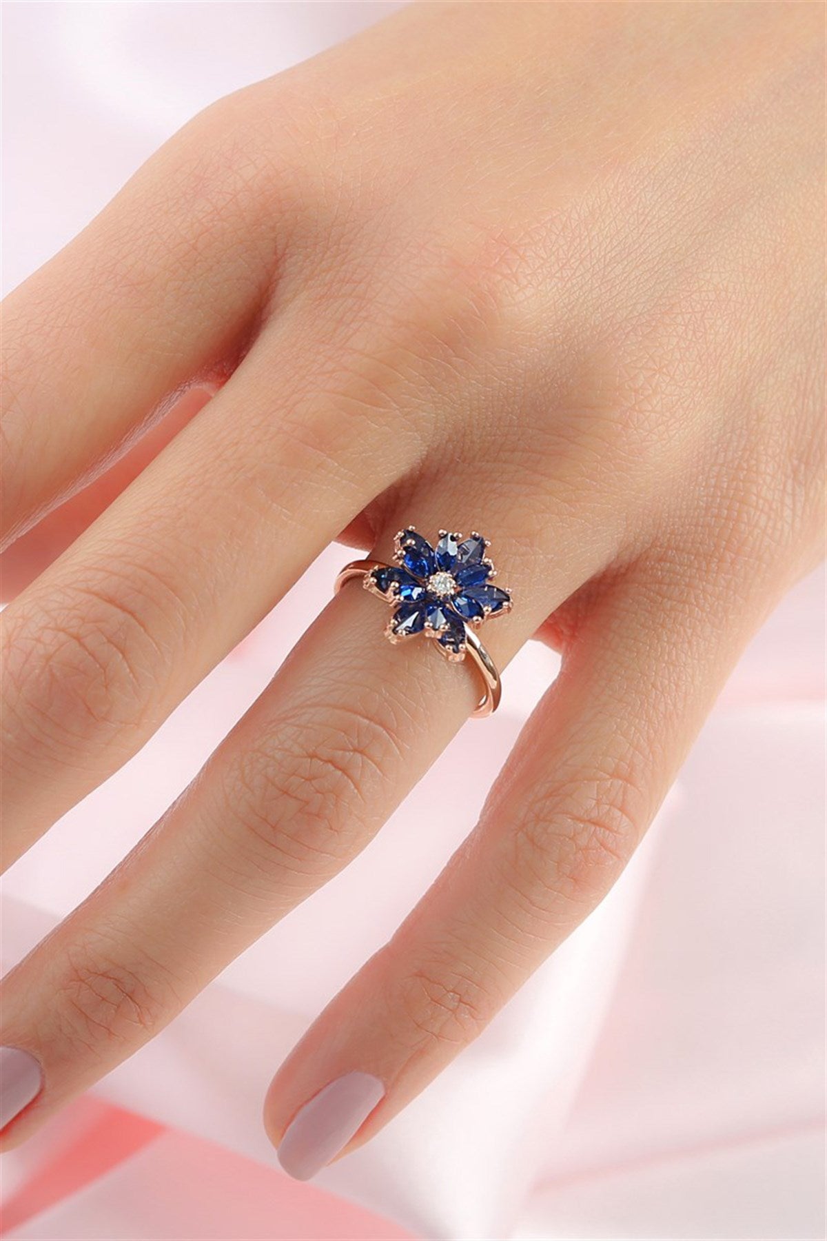 Silver Navy Blue Gemstone Lotus Camellia Flower Ring