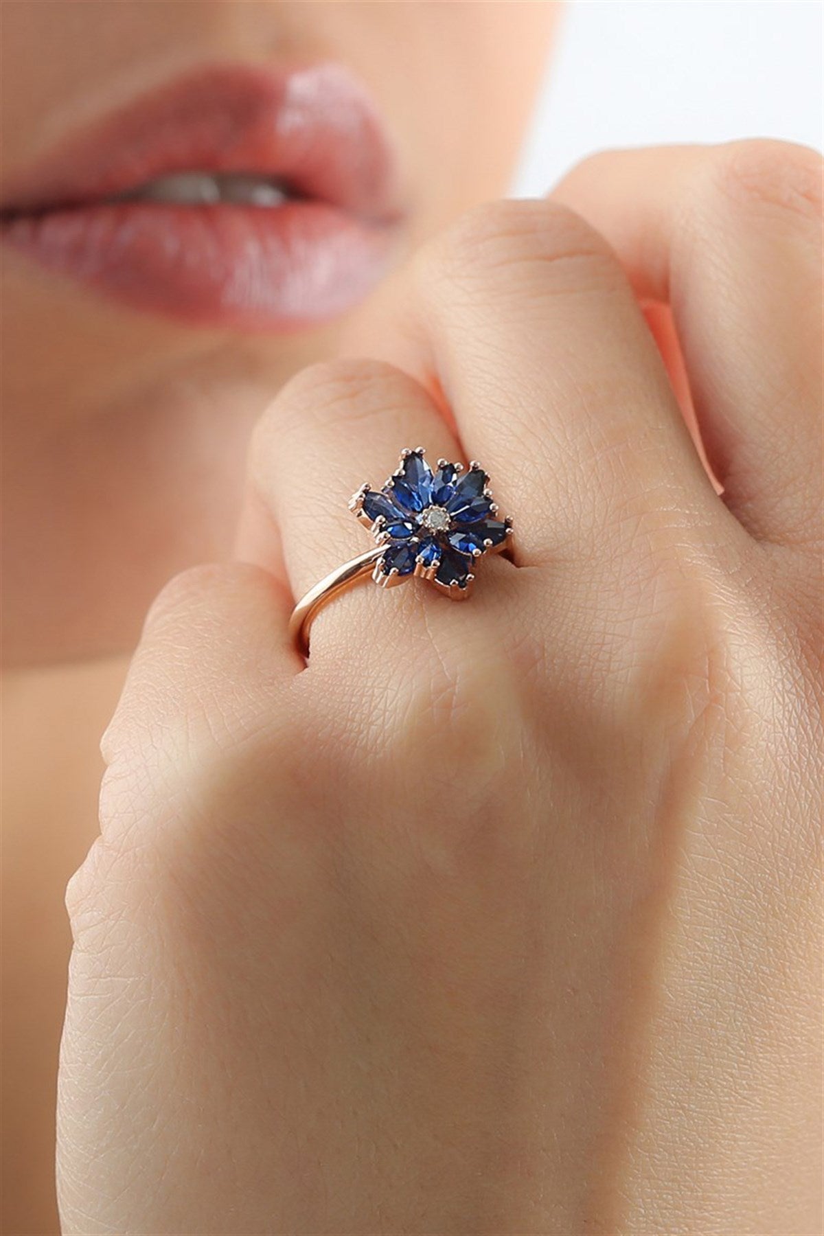 Silver Navy Blue Gemstone Lotus Camellia Flower Ring