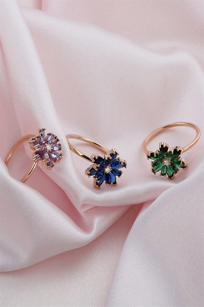 Silver Navy Blue Gemstone Lotus Camellia Flower Ring