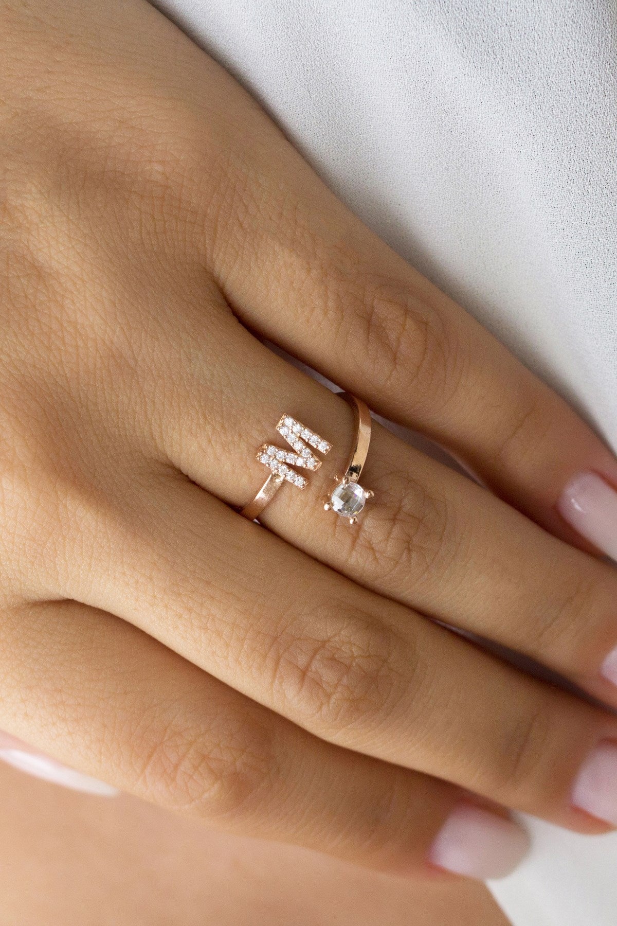 Silver Initial Solitaire Adjustable Ring
