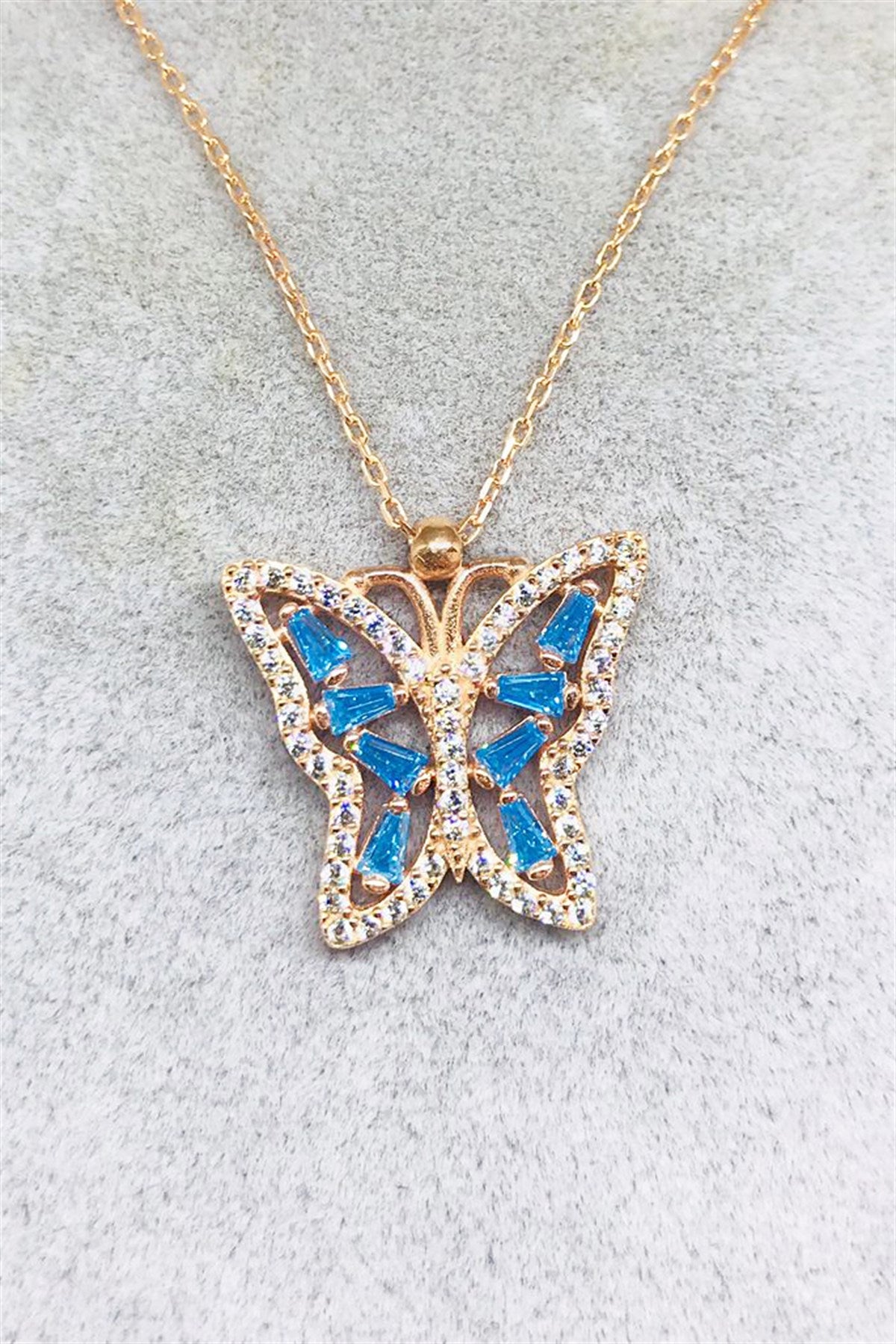 Silver Blue Baguette Gemstone Butterfly Necklace