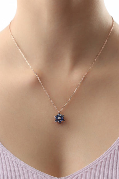 Silver Blue Gemstone Lotus Camellia Flower Necklace