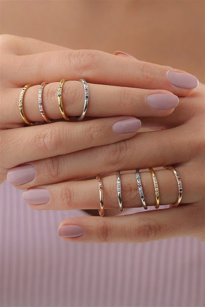 Silver Minimal Colorful Gemstone Wedding Ring