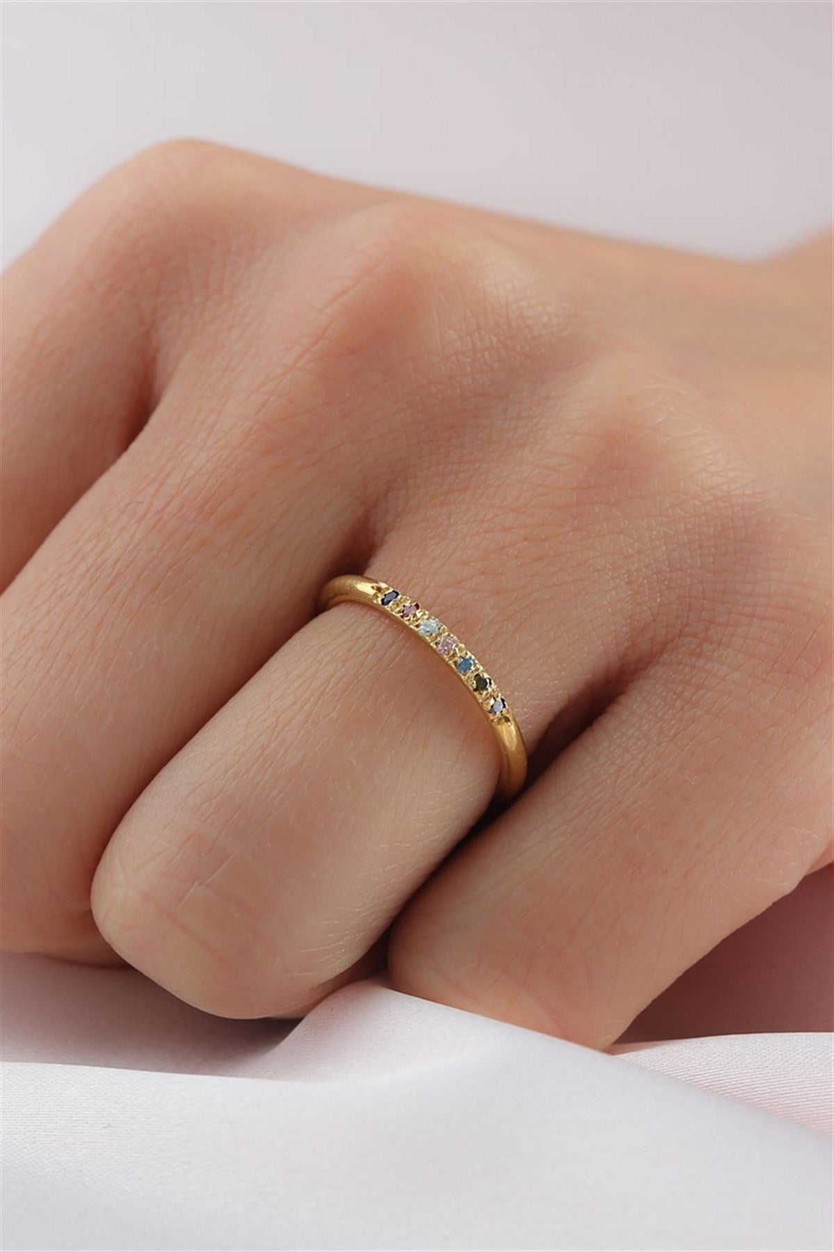 Silver Minimal Colorful Gemstone Wedding Ring