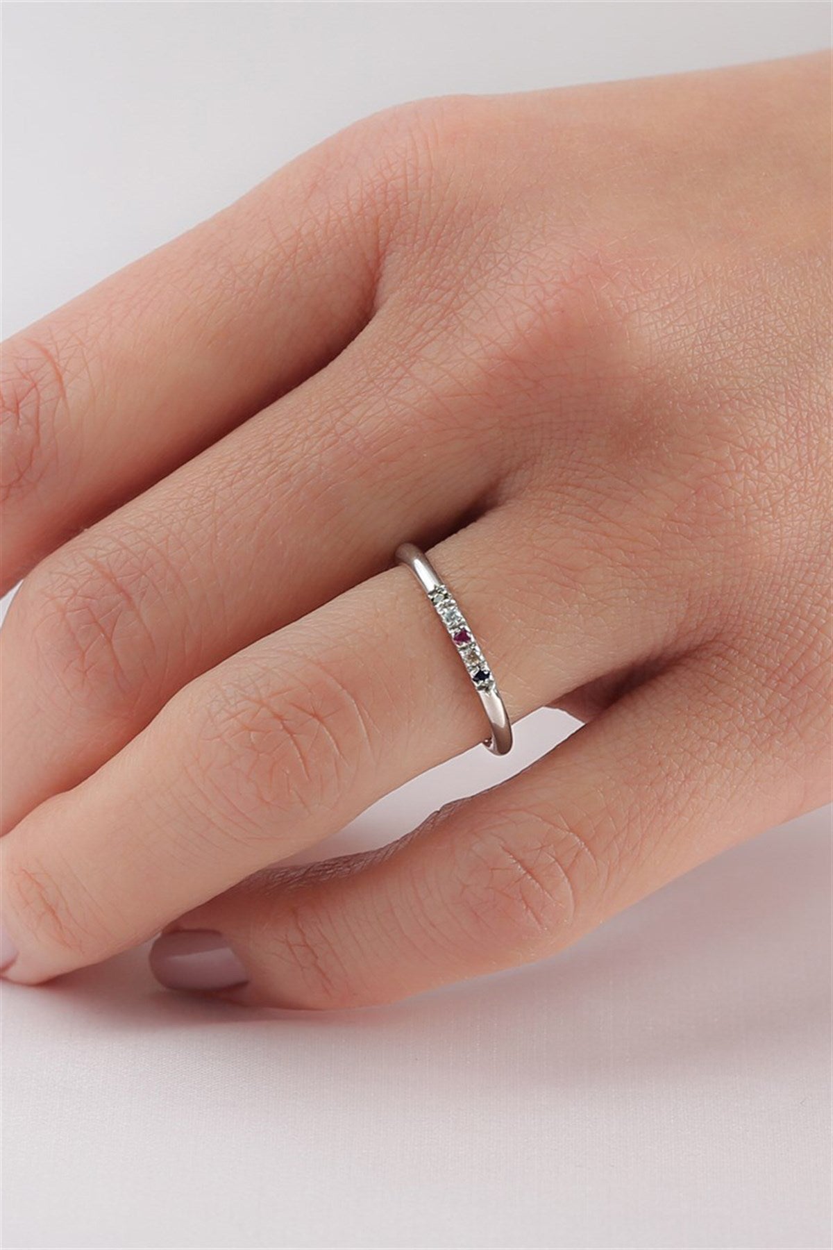 Silver Minimal Colorful Gemstone Wedding Ring