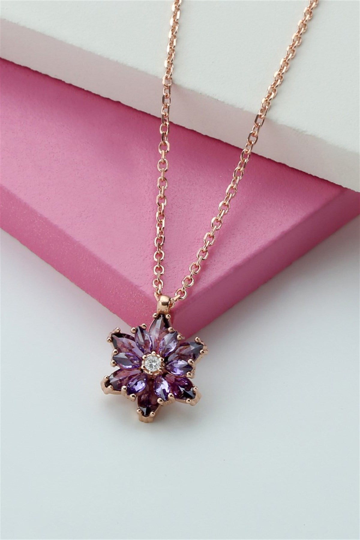 Silver Purple Gemstone Lotus Camellia Flower Necklace