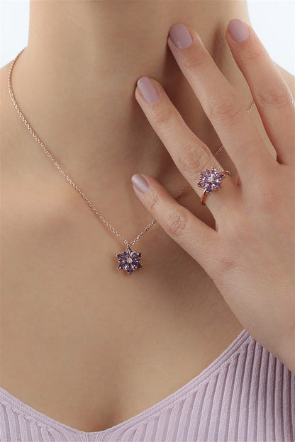 Silver Purple Gemstone Lotus Camellia Flower Necklace