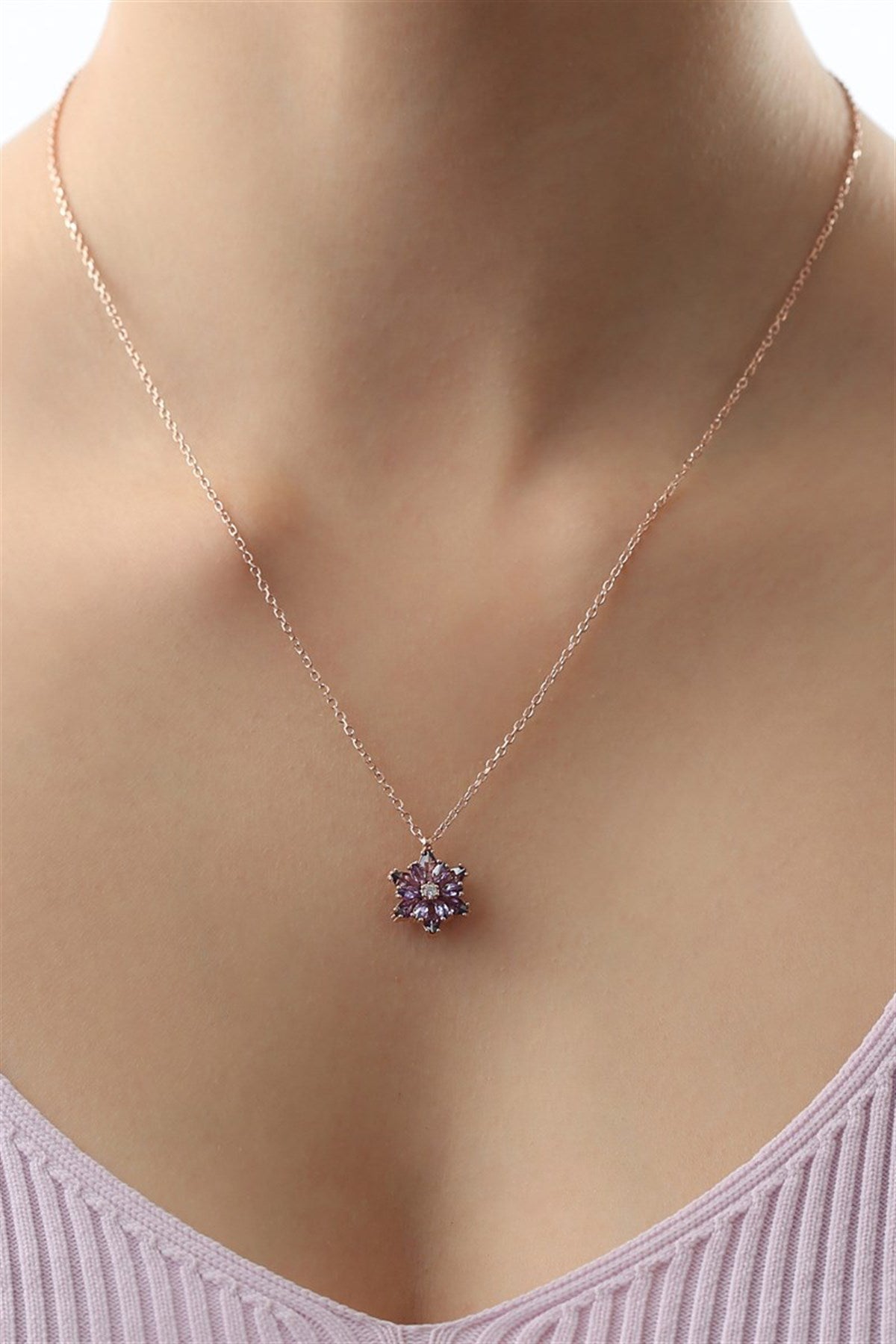 Silver Purple Gemstone Lotus Camellia Flower Necklace