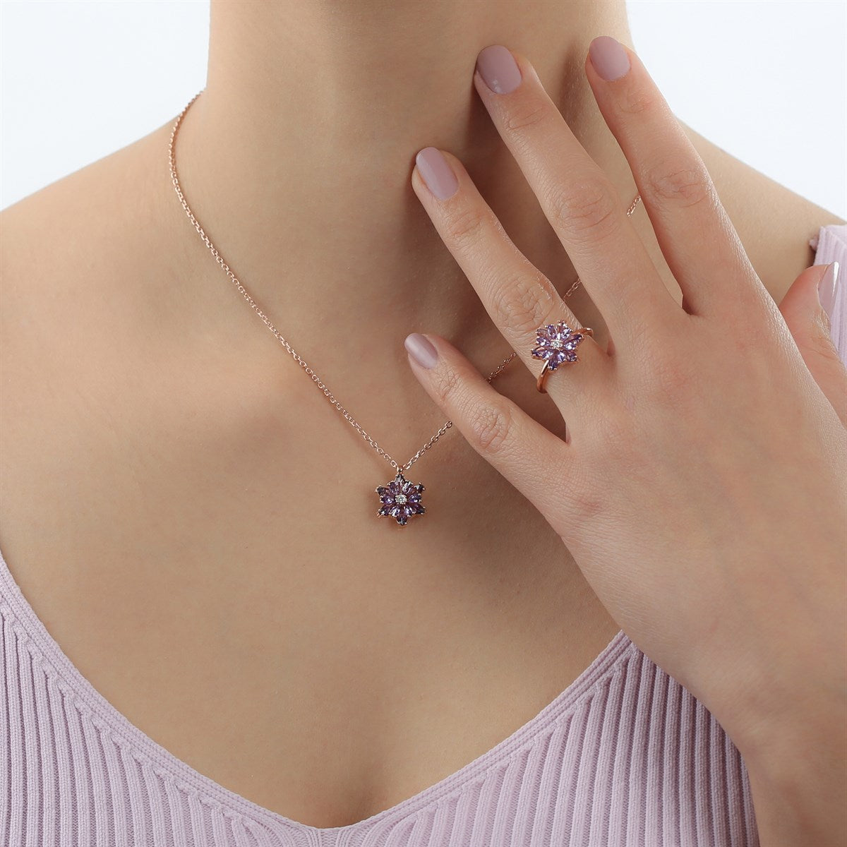 Silver Purple Gemstone Lotus Flower Necklace Ring Mini Set