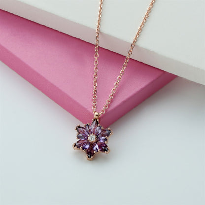 Silver Purple Gemstone Lotus Flower Necklace Ring Mini Set