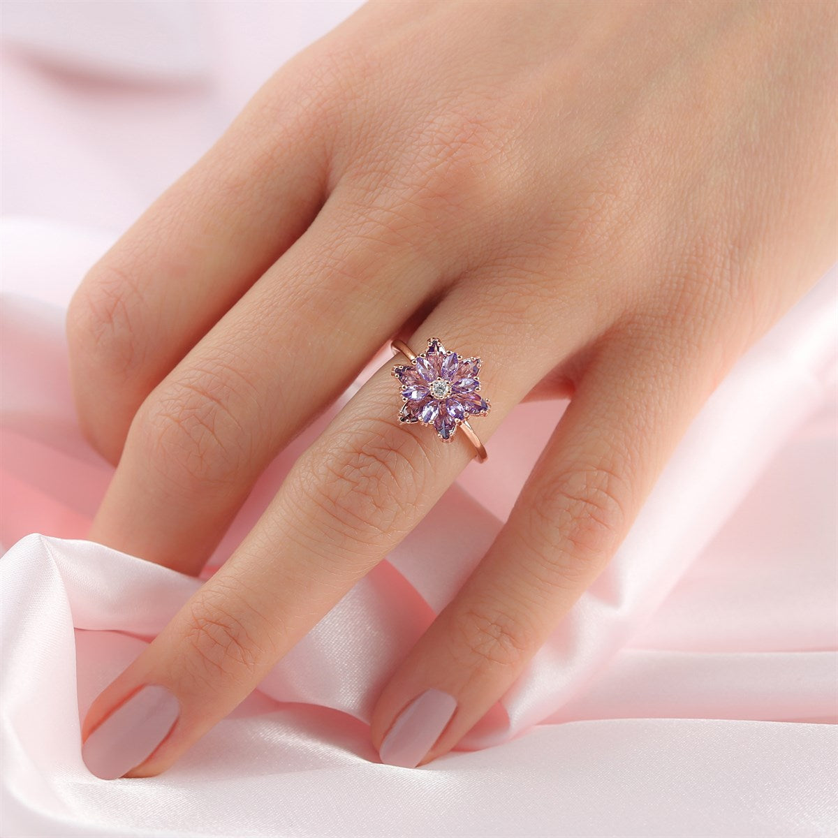 Silver Purple Gemstone Lotus Flower Necklace Ring Mini Set