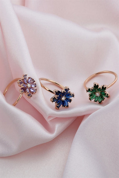 Silver Purple Gemstone Lotus Camellia Flower Ring