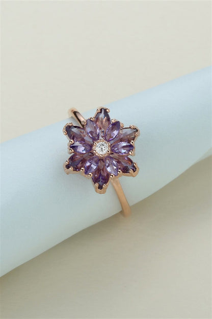 Silver Purple Gemstone Lotus Camellia Flower Ring