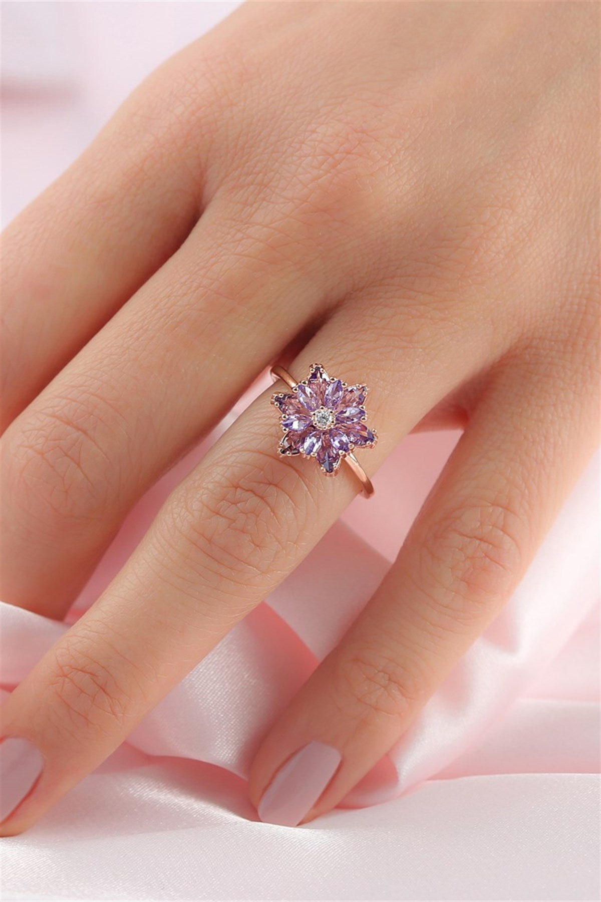 Silver Purple Gemstone Lotus Camellia Flower Ring