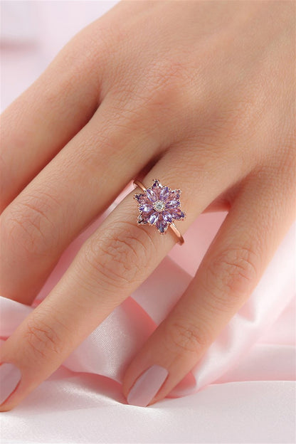 Silver Purple Gemstone Lotus Camellia Flower Ring