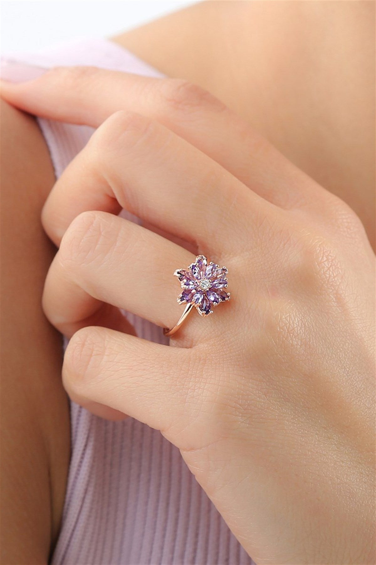 Silver Purple Gemstone Lotus Camellia Flower Ring