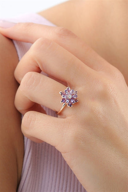 Silver Purple Gemstone Lotus Camellia Flower Ring