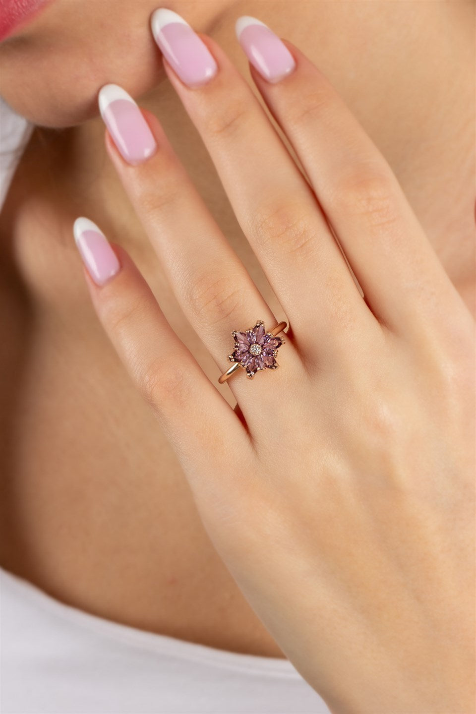 Silver Purple Gemstone Lotus Camellia Flower Ring