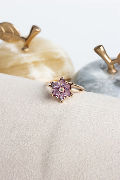 Silver Purple Gemstone Lotus Camellia Flower Ring
